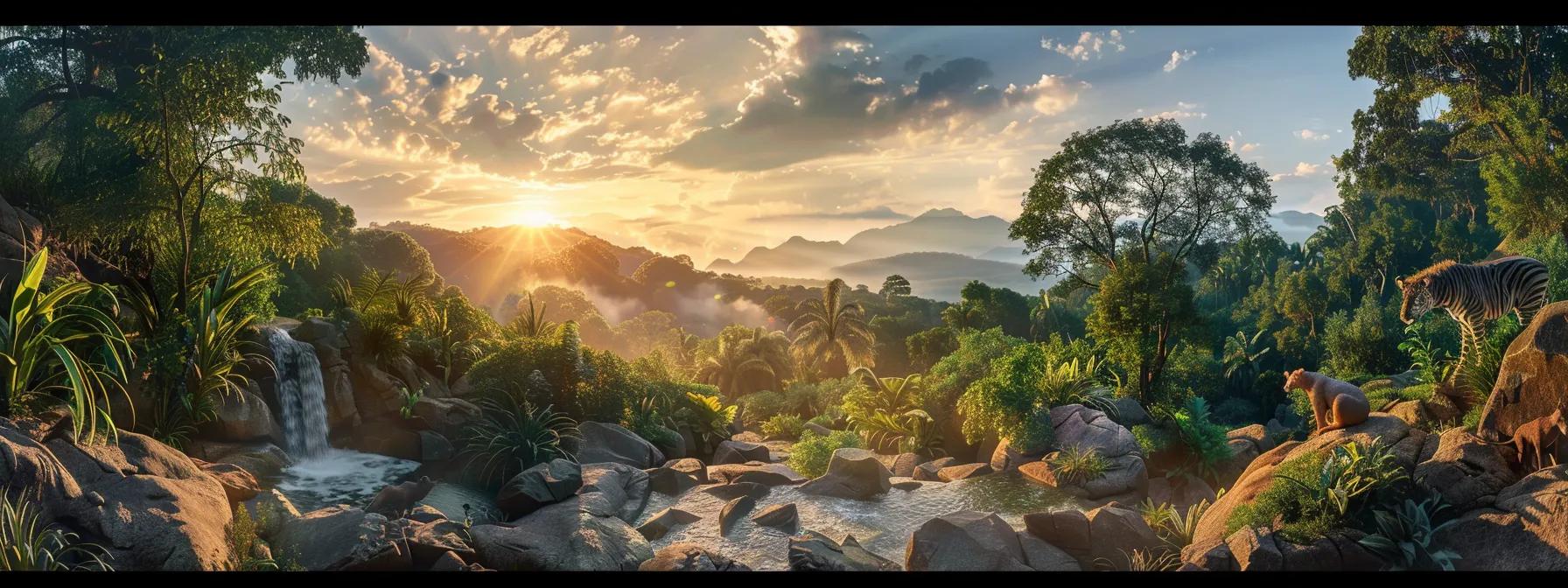 a breathtaking panoramic view captures a vibrant wildlife adventure, showcasing majestic animals in their natural habitat under golden sunset light, surrounded by lush greenery and a sense of exploration.