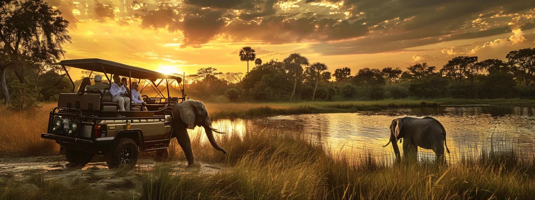 a breathtaking scene of a luxury safari tour unfolds under a golden sunset, showcasing elegantly dressed travelers in a sleek open-top vehicle marveling at a majestic elephant peacefully grazing across the savannah.