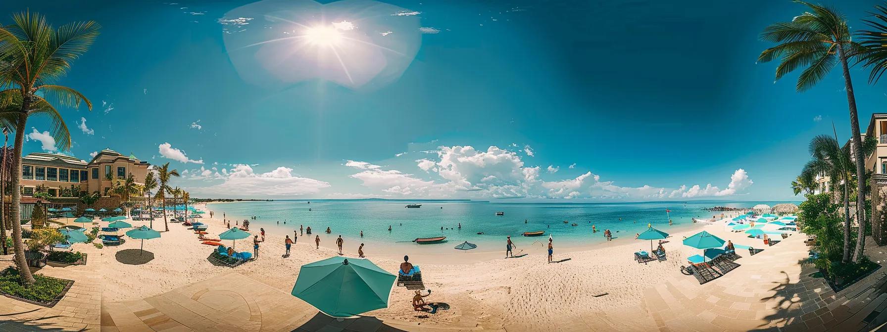 a breathtaking view of zanzibar beach resort showcasing pristine white sands and crystal-clear turquoise waters, with vibrant sun umbrellas and joyful travelers basking in the golden sunlight.