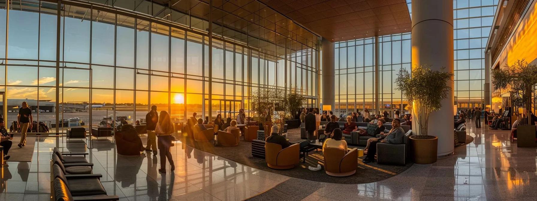 a bustling airport hotel lobby, filled with diverse travelers surrounded by sleek modern furnishings and large panoramic windows showcasing a vibrant sunset over the runway.