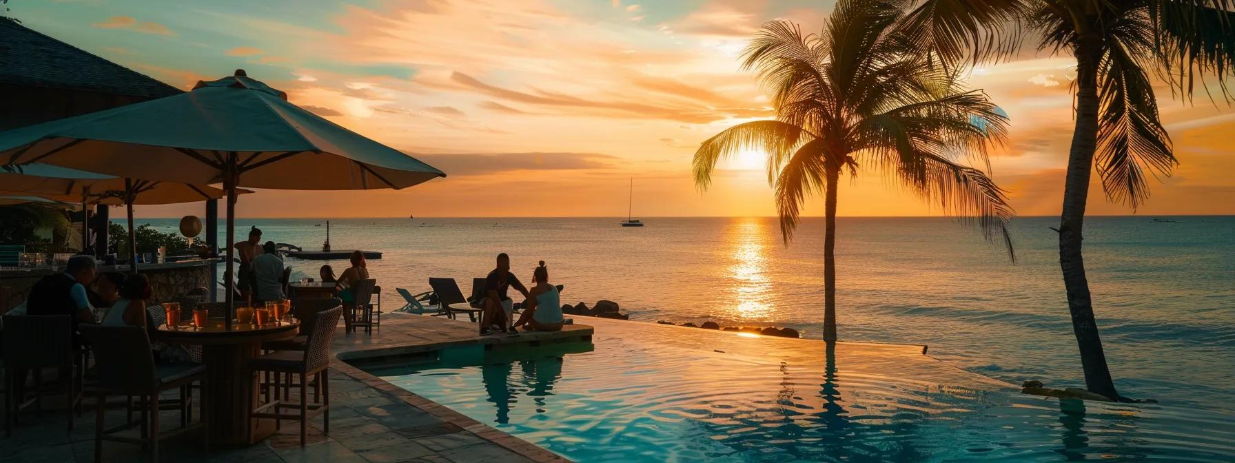 a glamorous beach resort at sunset, featuring elegantly dressed travelers enjoying cocktails by the crystal-clear ocean, with vibrant colors of the sky reflecting on the water.