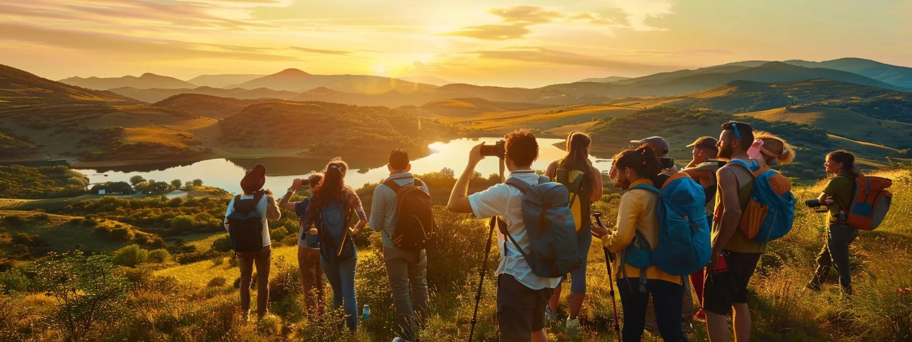 a vibrant and scenic landscape captures a diverse group of joyful travelers immersed in the breathtaking beauty of nature, with rolling hills and a radiant sunset painting the sky in warm hues.