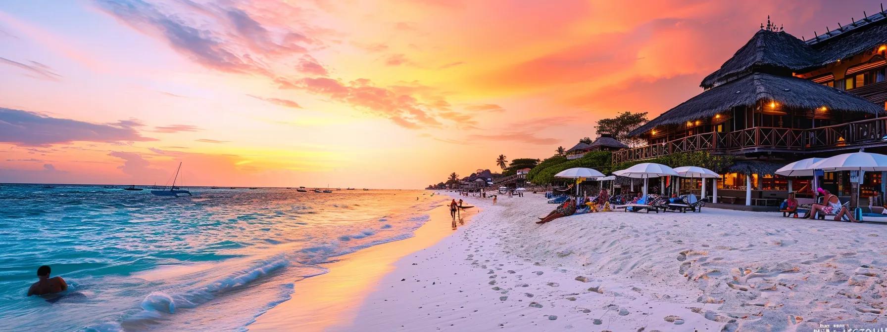 a vibrant beach scene in zanzibar, showcasing a colorful sunset illuminating joyous vacationers basking in the golden sands and the azure ocean, exuding a sense of relaxation and adventure.