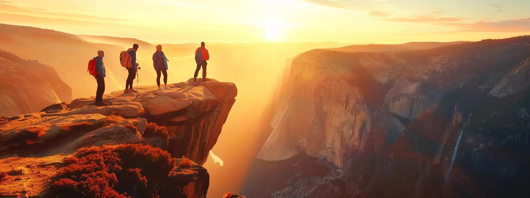 a vibrant group of adventurous travelers stands together on a stunning cliffside overlooking a breathtaking sunset, with golden hues illuminating their joyful expressions and the expansive landscape beyond.