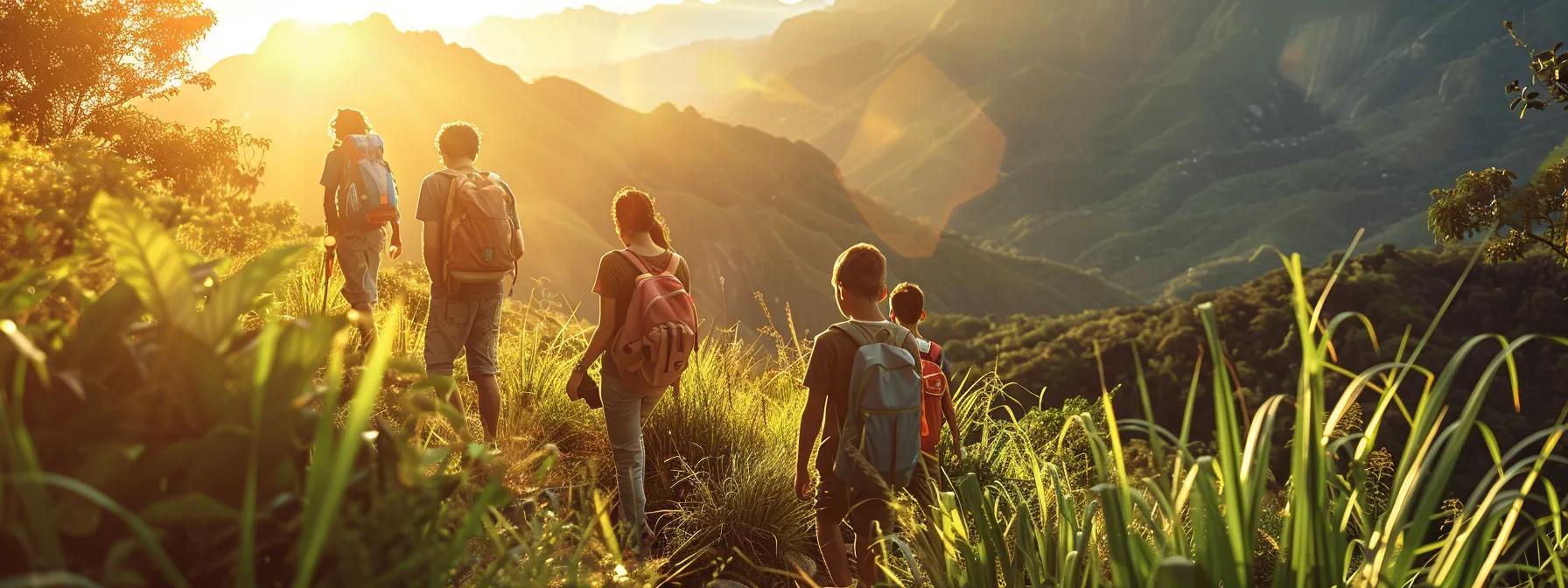 a vibrant group of travelers explores the lush, breathtaking landscapes of south america, with towering mountain peaks and vibrant greenery bathed in golden sunlight, capturing the essence of adventure and cultural richness.