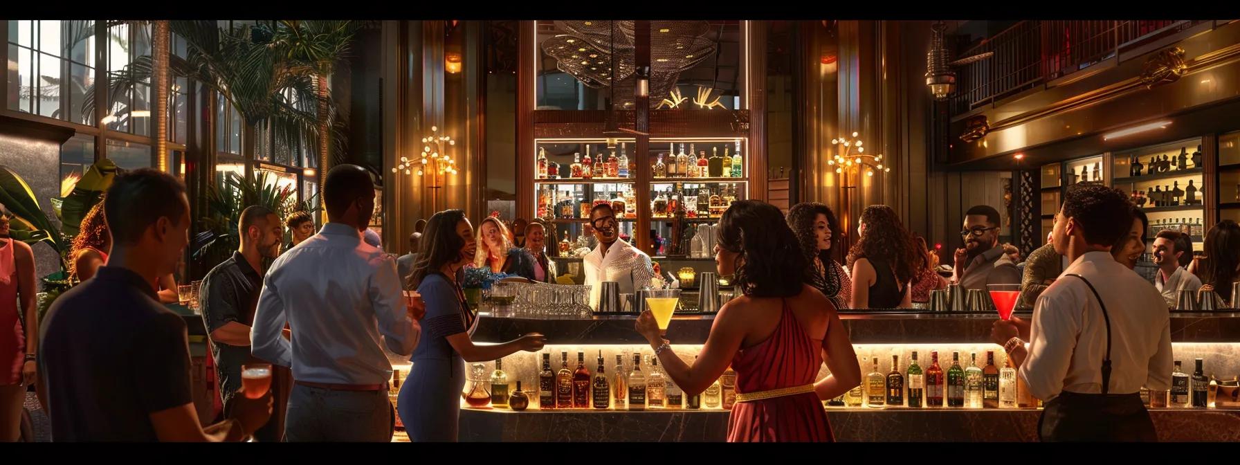 a vibrant hotel bar scene comes to life as eclectic groups of travelers enjoy colorful cocktails, surrounded by luxurious decor and warm ambient lighting.