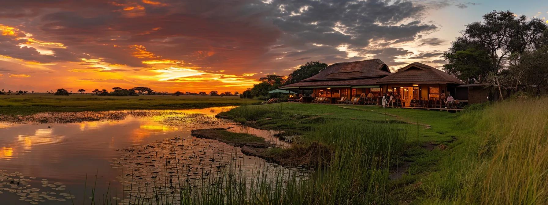 a vibrant safari scene captures a group of excited travelers observing majestic wildlife under a vivid sunset, emphasizing the adventure and beauty of nature.