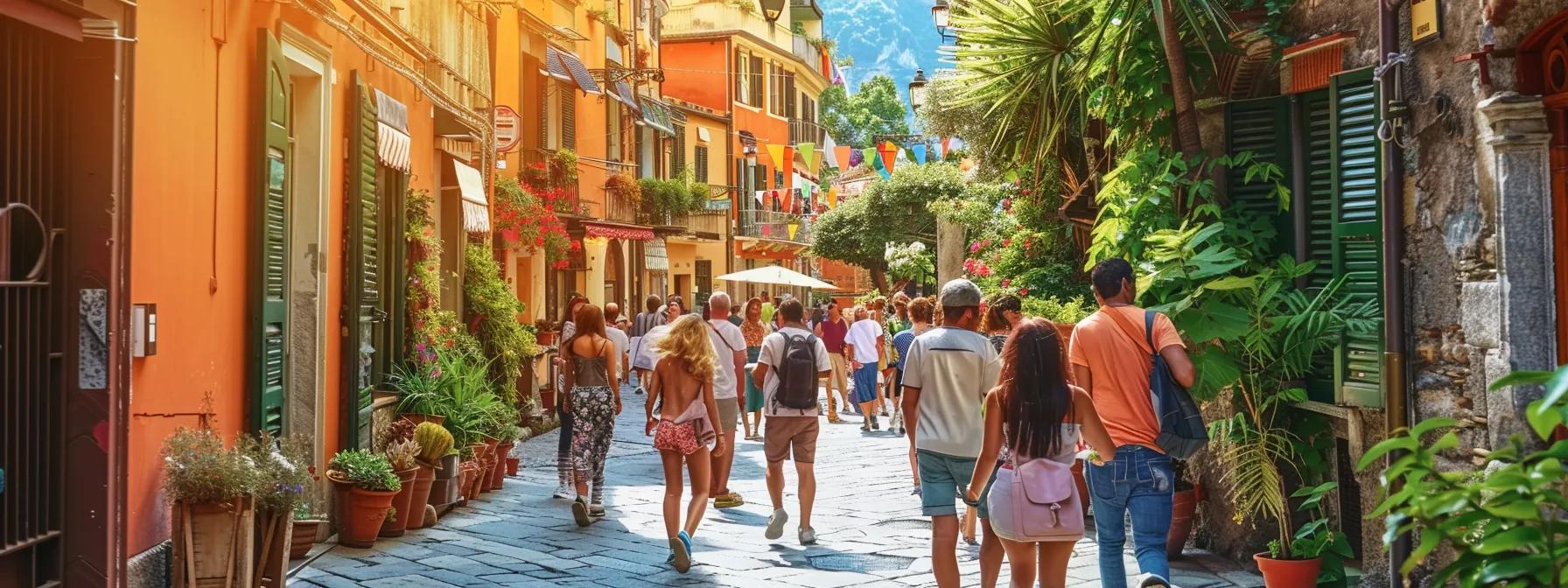 a vibrant scene captures a diverse group of travelers joyfully exploring the picturesque streets of italy, with sun-drenched architecture and colorful blossoms creating a lively backdrop.