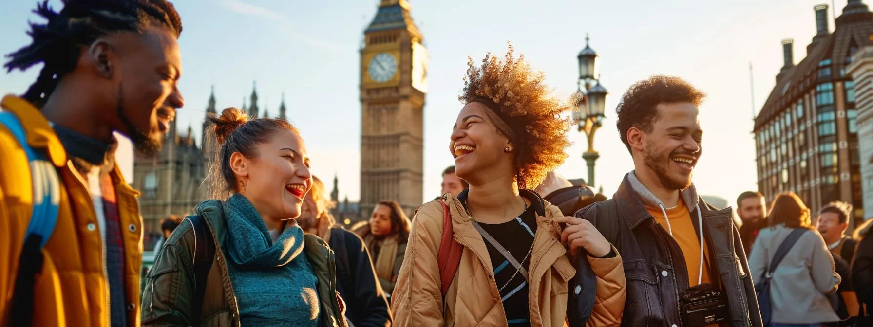 a vibrant scene capturing a diverse group of excited travelers admiring the iconic big ben under a clear blue sky, with warm sunlight highlighting the intricate architecture of london.