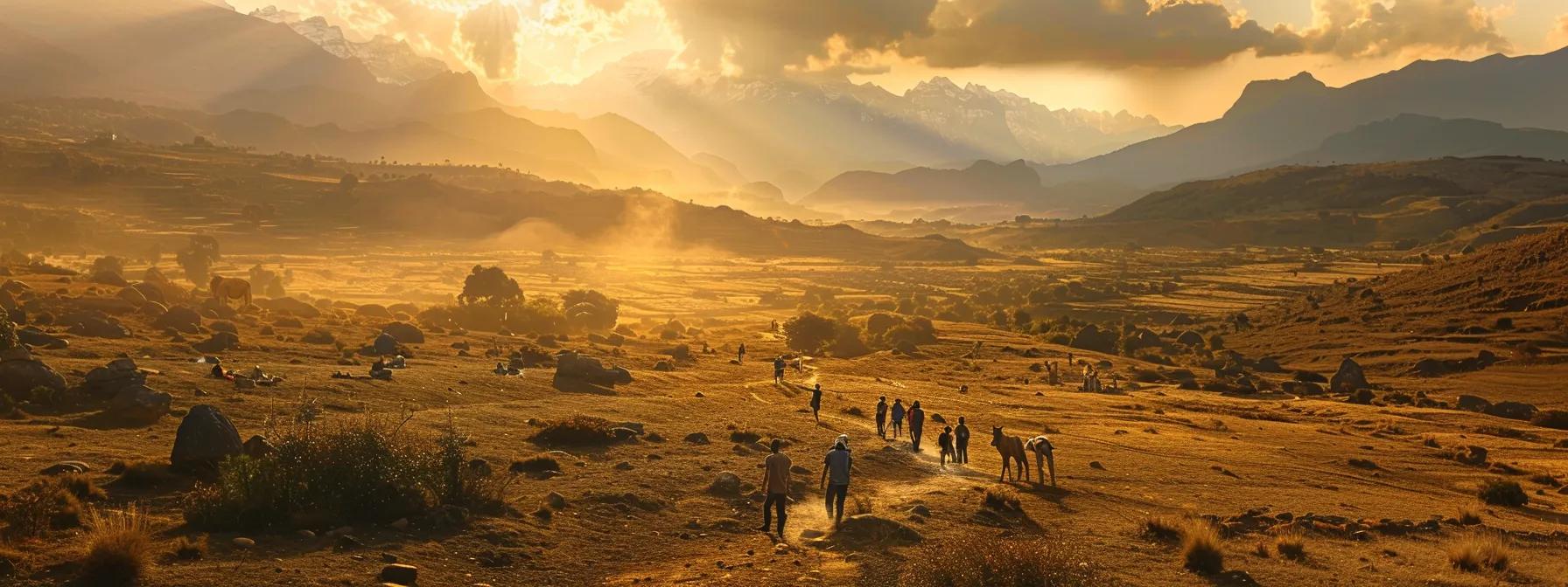 a vibrant scene capturing diverse travelers joyfully exploring a breathtaking landscape during a world tour, bathed in golden sunlight and framed by majestic mountains.
