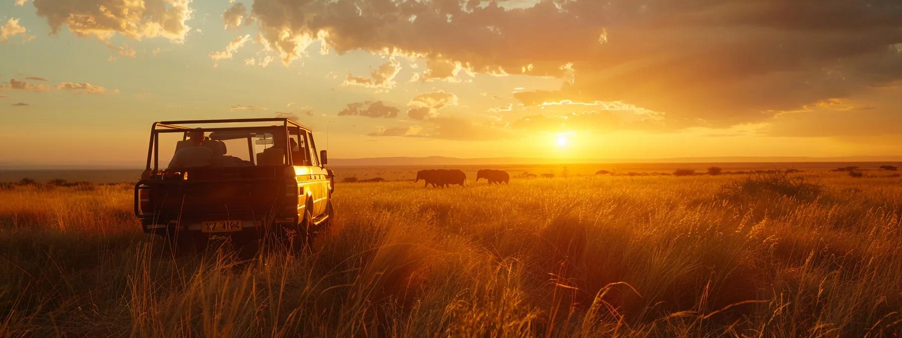 a vibrant scene capturing the awe of travelers amidst the breathtaking landscapes of east africa, with golden savannahs under a brilliant sunset.