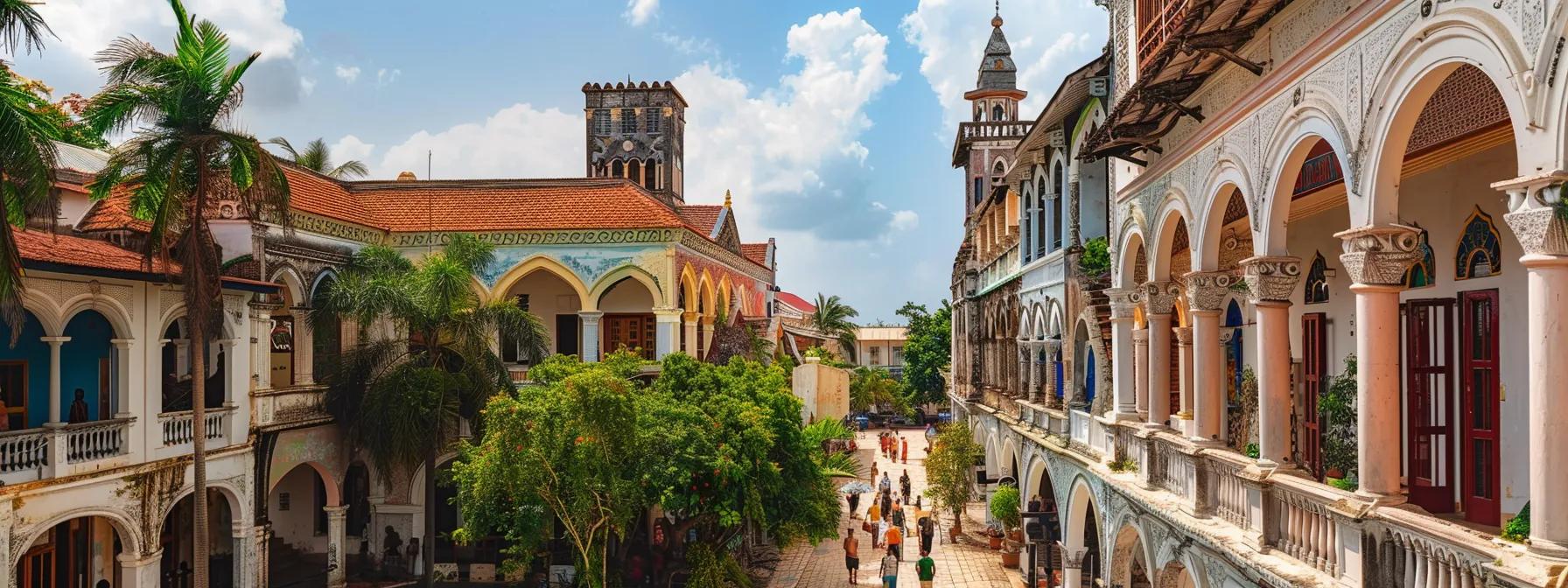a vibrant scene of travelers exploring the colorful, historic hotels of stone town, zanzibar, surrounded by intricately designed architecture and lush tropical foliage under a bright, azure sky.