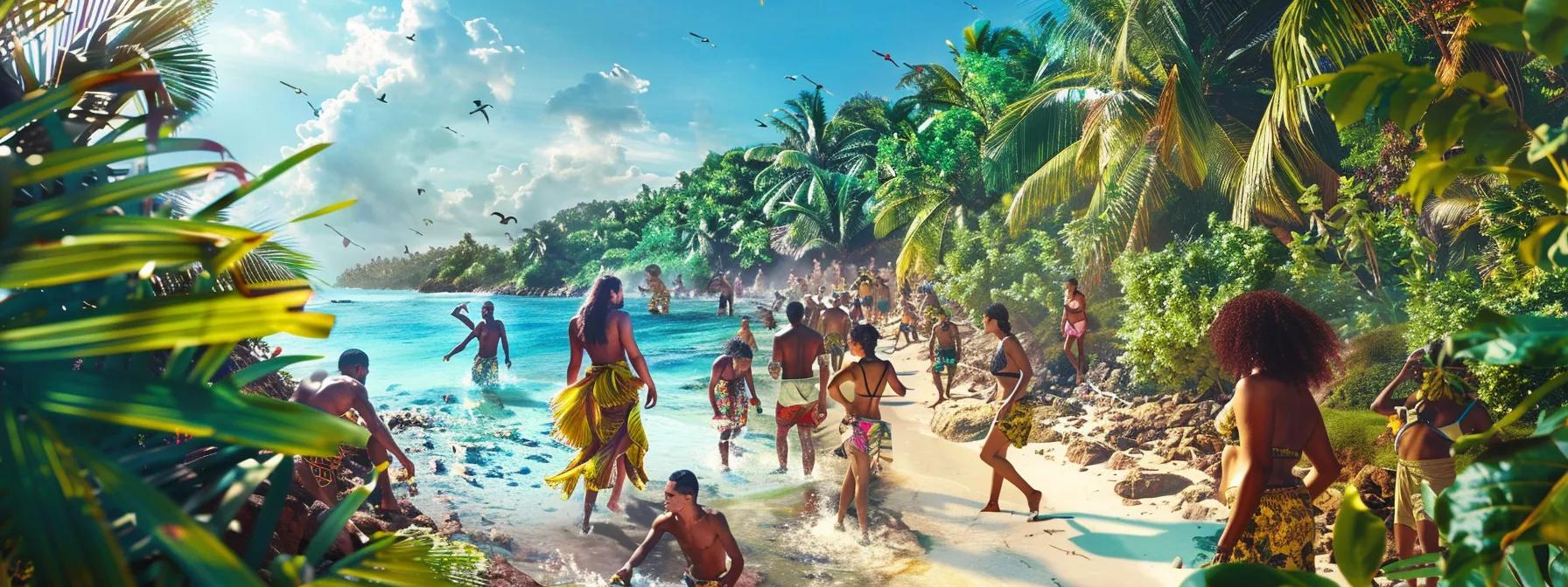 a vibrant, sun-drenched tropical island scene captures a group of joyful travelers exploring lush greenery and pristine beaches under a cerulean sky.