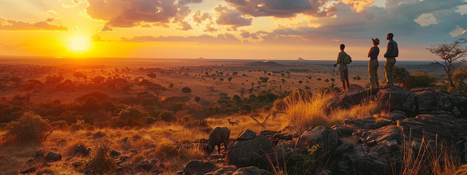 a vibrant sunset bathes a diverse group of travelers in warm hues as they stand atop a rugged savannah, gazing in awe at the expansive african landscape dotted with acacia trees and wildlife.