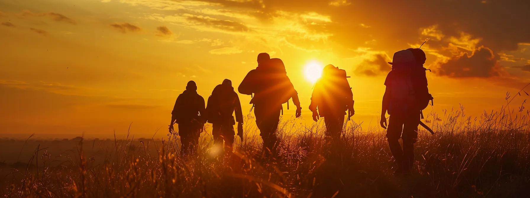 a vibrant sunset casts a warm glow over a group of travelers joyfully exploring the stunning landscapes of africa, showcasing the rich colors of the savannah and the exhilarating spirit of adventure.