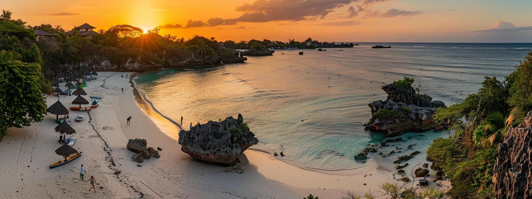 a vibrant sunset casts a warm glow over a lush zanzibar beach where travelers joyfully explore the shore, blending the serene beauty of nature with the spirit of adventure.