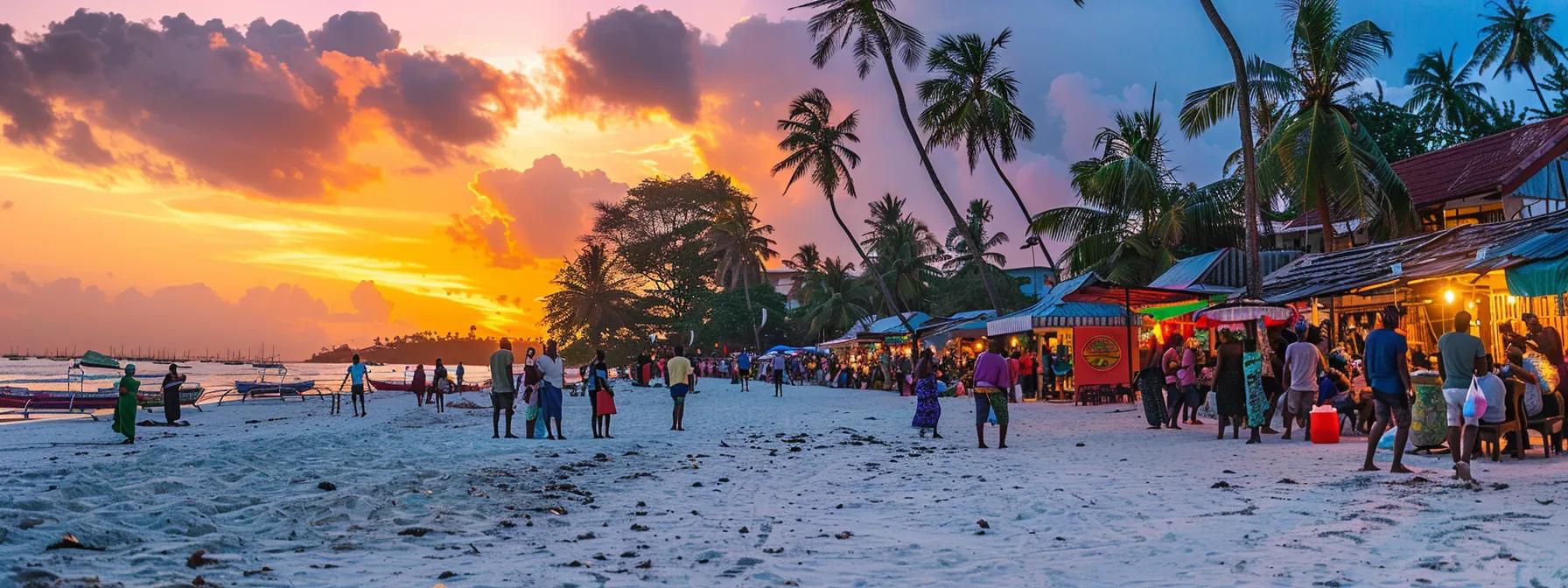 a vibrant sunset casts a golden glow over the pristine beaches of zanzibar, as tourists joyfully explore the colorful local markets framed by swaying palm trees.