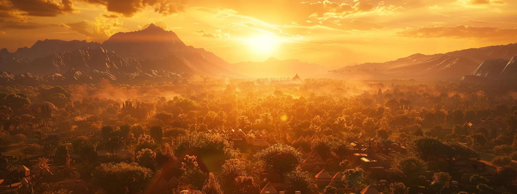 a vibrant sunset casts a warm glow over a bustling african landscape, where adventurous travelers explore the rich textures of the savannah, surrounded by majestic wildlife and dramatic mountains in the background.