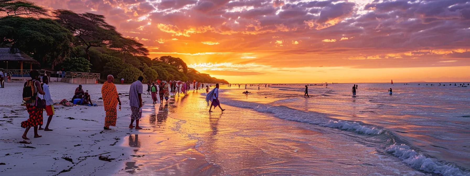 a vibrant sunset illuminates a lively beach where travelers, dressed in colorful attire, joyfully bask in the moment after an exhilarating safari adventure in the background.