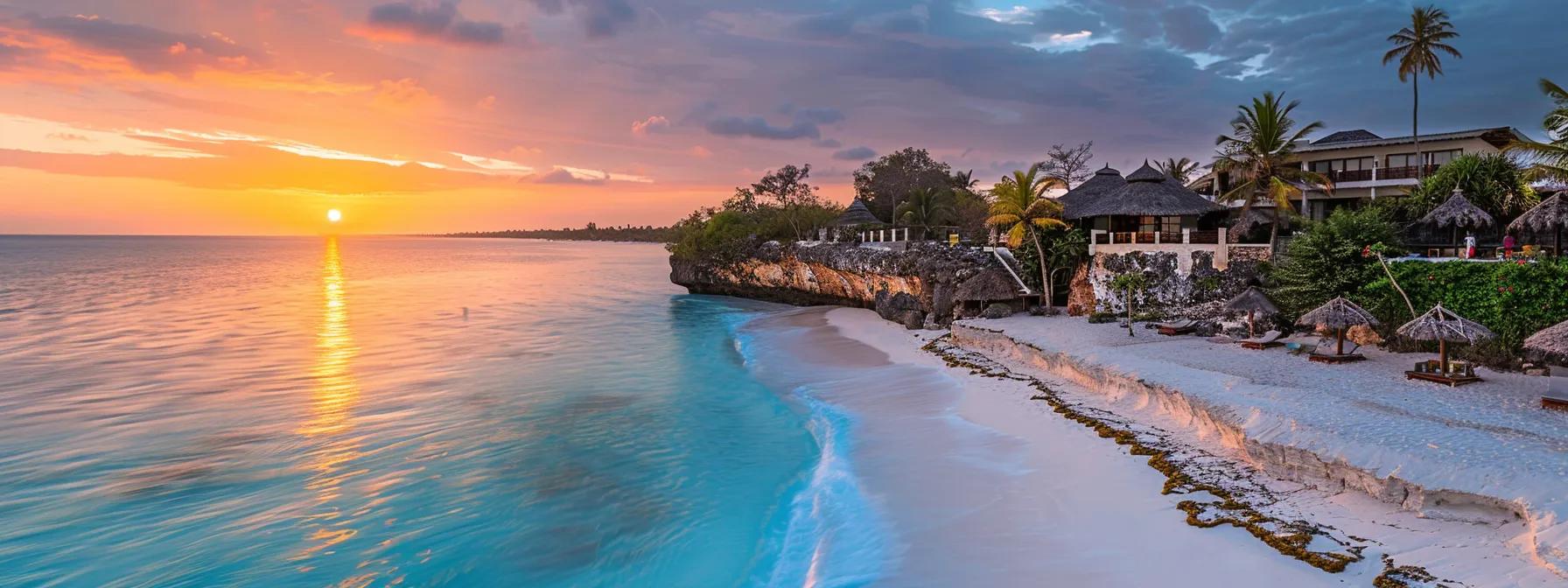 a vibrant sunset illuminates the stunning beaches of zanzibar, where a diverse group of travelers joyfully explore the rich culture and breathtaking landscapes, creating an unforgettable tropical escape.