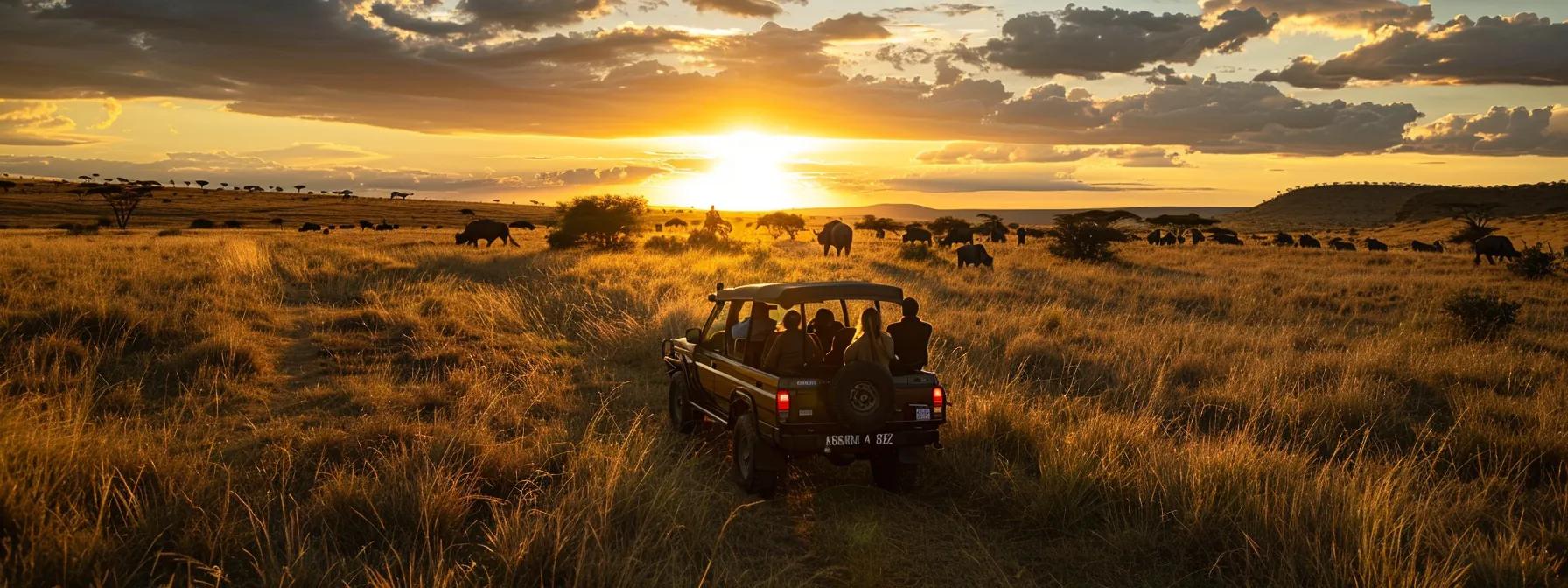 a breathtaking african safari scene showcases a vibrant sunset casting golden hues over the savannah, where a diverse group of travelers joyfully observes majestic wildlife in their natural habitat.