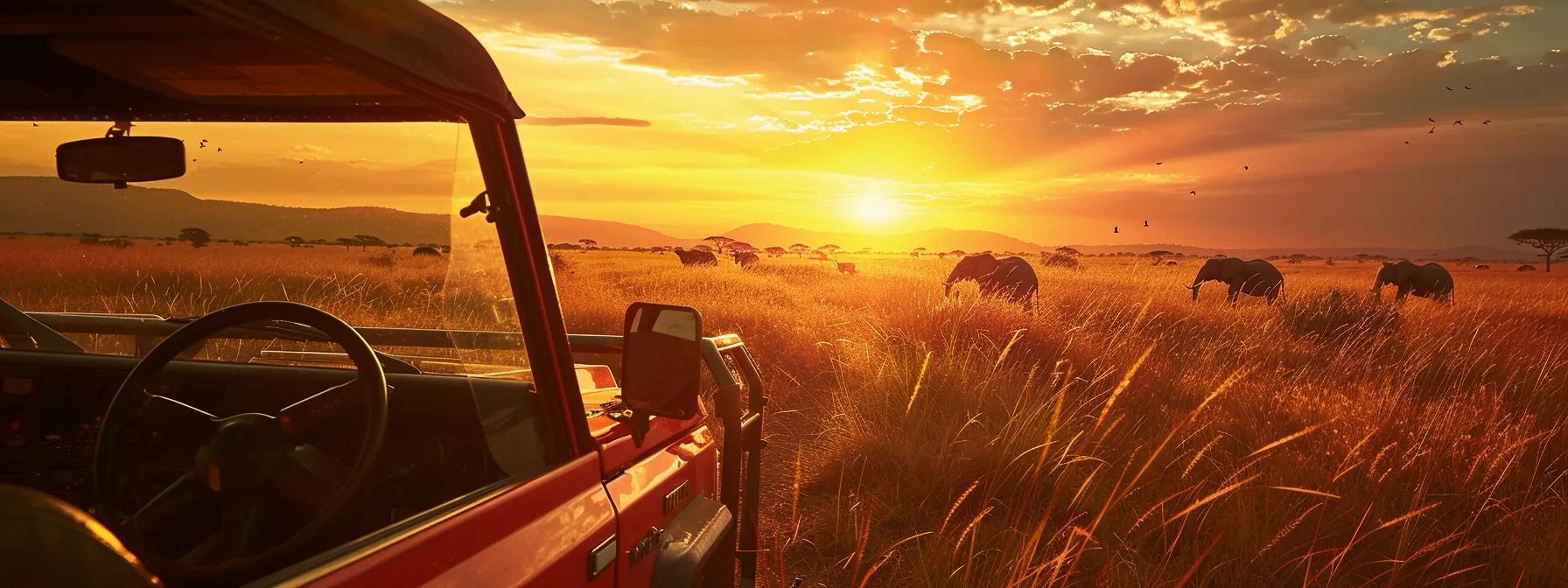 a breathtaking safari scene captures a vibrant landscape alive with majestic wildlife roaming freely under the golden glow of a setting sun, while excited travelers gaze in wonder from an open-air vehicle.