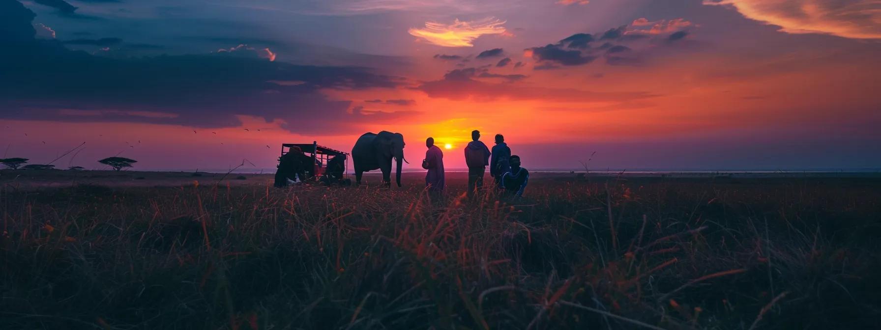 a breathtaking sunset over the vast savannah of zanzibar, with vibrant orange and purple hues illuminating a group of travelers gazing in awe at a majestic elephant in the foreground.