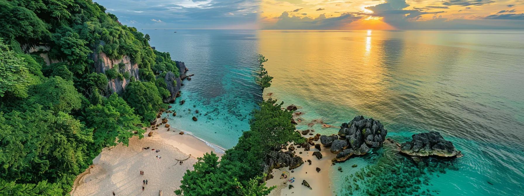 a breathtaking tropical beach at sunrise, where joyful travelers bask in the golden glow, surrounded by crystal-clear turquoise waters and lush greenery.