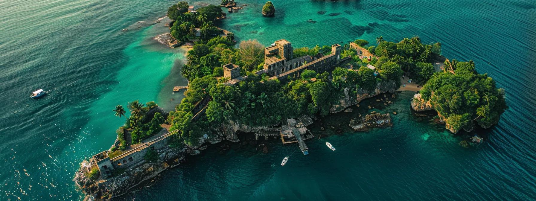 a breathtaking view of a vibrant tropical prison island, surrounded by turquoise waters and lush greenery, with travelers exploring its scenic shores under the warm sunlight.