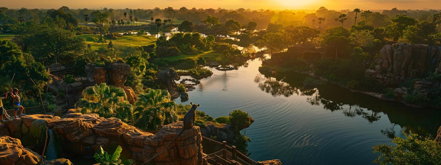 a breathtaking view of a vibrant wildlife park teeming with exotic animals and lush greenery, where families marvel at nature's wonders under a golden sunset.