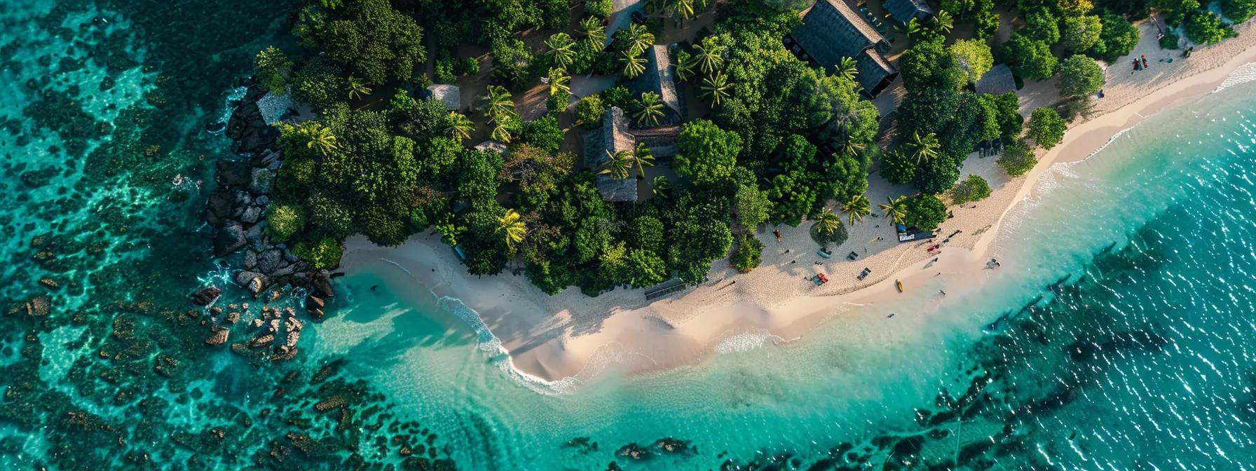 a breathtaking view of mnemba island's pristine white sand beaches and crystal-clear turquoise waters, framed by vibrant lush greenery and dotted with cheerful travelers enjoying the sun.