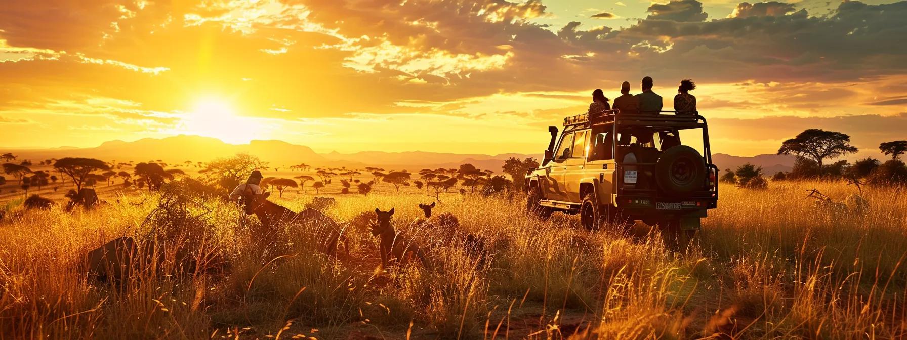 a captivating scene of vibrant wildlife surrounding a diverse group of travelers, basking under the golden glow of sunset on a thrilling safari adventure.