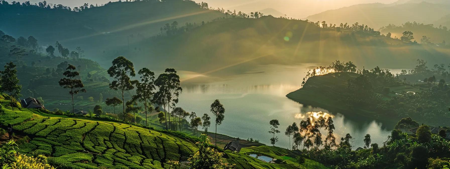 a picturesque landscape unfolds with vibrant green hills and a serene lake, where joyful travelers bask in the golden sunlight, capturing the essence of adventure and connection in a tranquil countryside.
