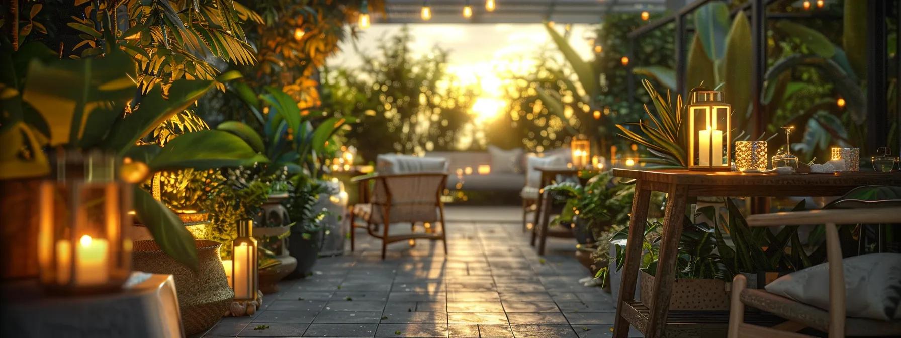 a romantic hotel terrace bathed in golden sunset light, adorned with lush greenery and softly glowing candles, creating an intimate atmosphere for couples to enjoy a serene getaway.