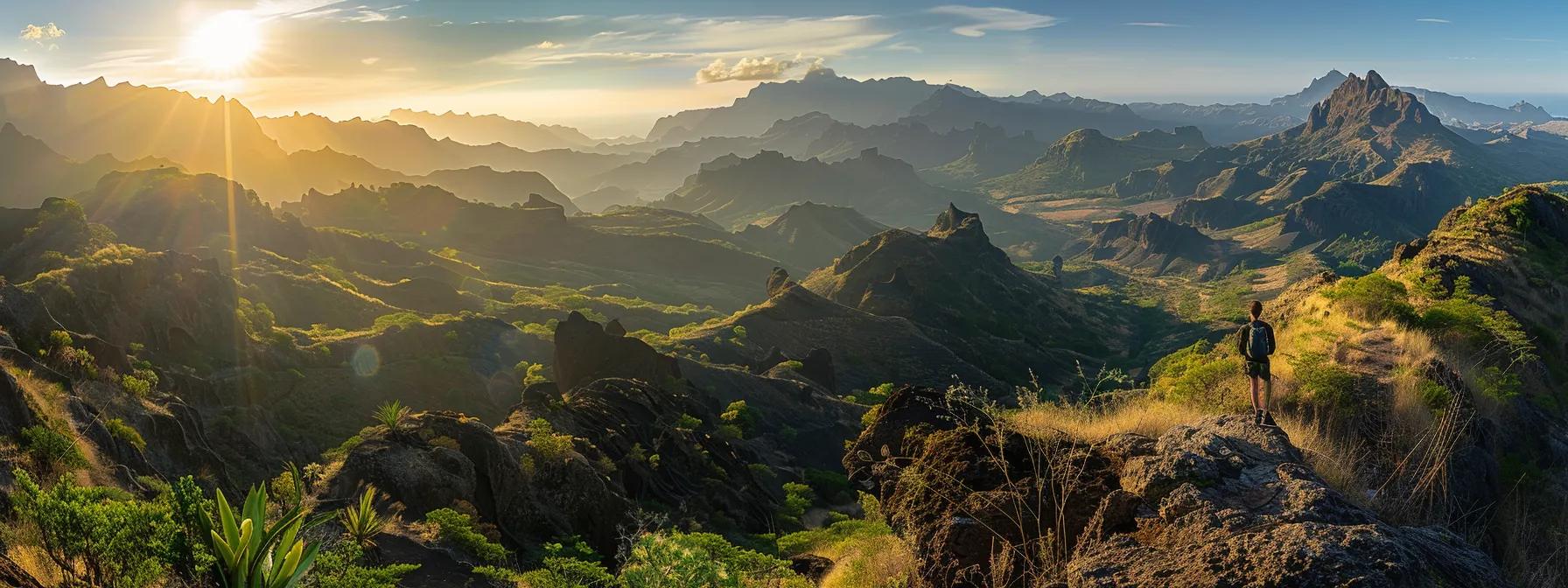 a striking scene of a single traveler standing on a sunlit mountain ridge, overlooking a breathtaking panorama of distant peaks and vibrant valleys, capturing the essence of adventure and solitude.