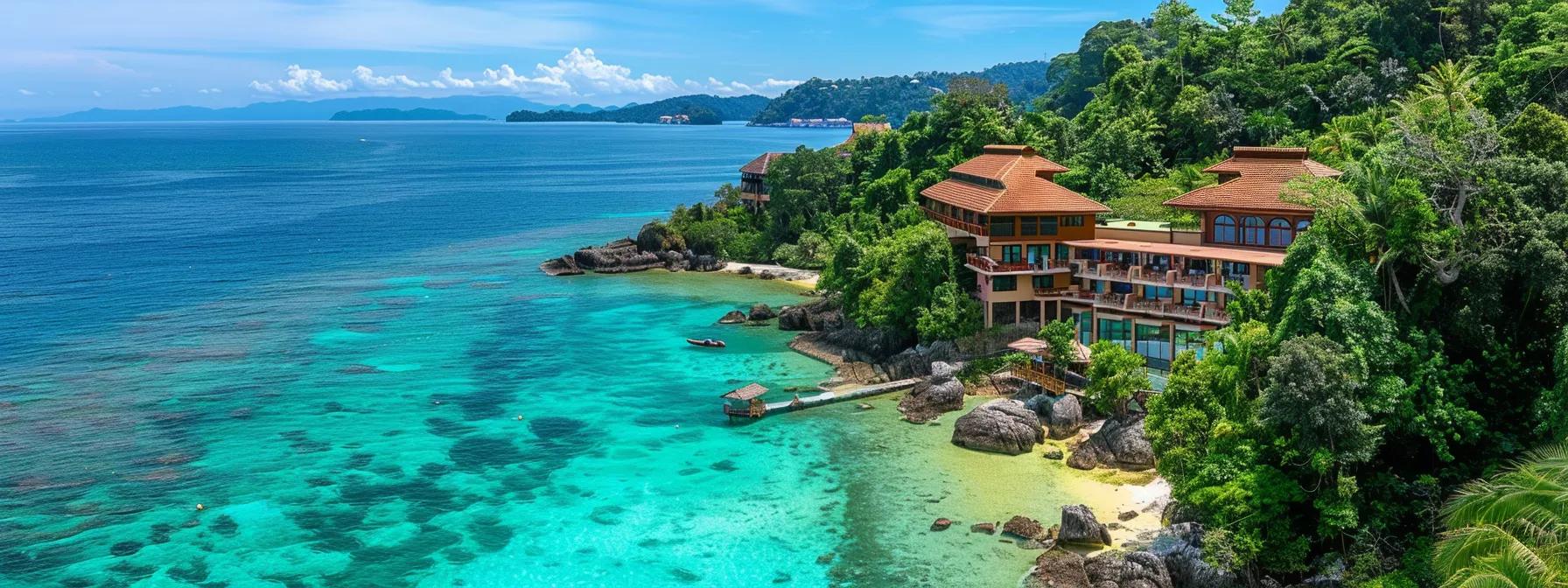 a stunning seaside hotel on a lush tropical island, surrounded by crystal-clear turquoise waters and vibrant greenery, filled with cheerful travelers enjoying the sun.