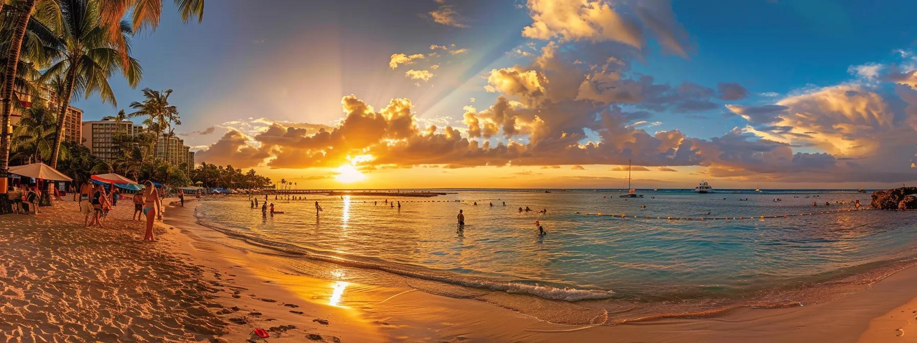 a stunning sunset casts warm golden hues over a vibrant beach filled with joyful travelers, capturing the essence of an unforgettable american vacation.