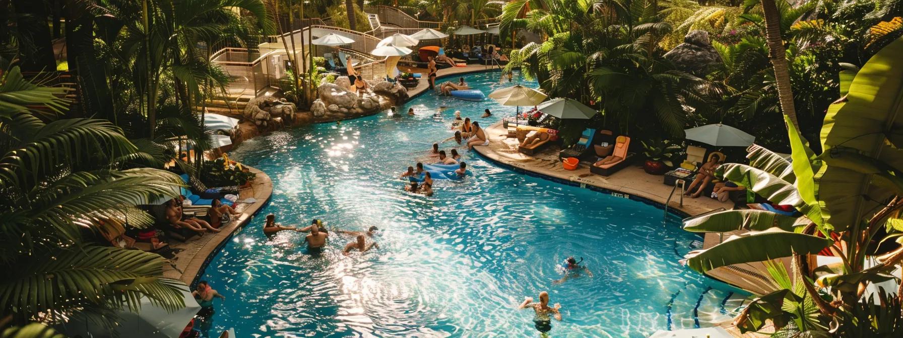 a sun-drenched hotel pool sparkles invitingly, surrounded by vibrant tropical greenery and relaxed vacationers lounging on chic deck chairs.