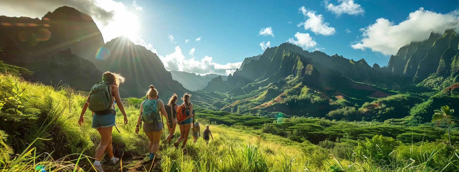 a vibrant and adventurous scene captures a group of women joyfully exploring a breathtaking landscape, surrounded by lush greenery and majestic mountains under a bright blue sky.