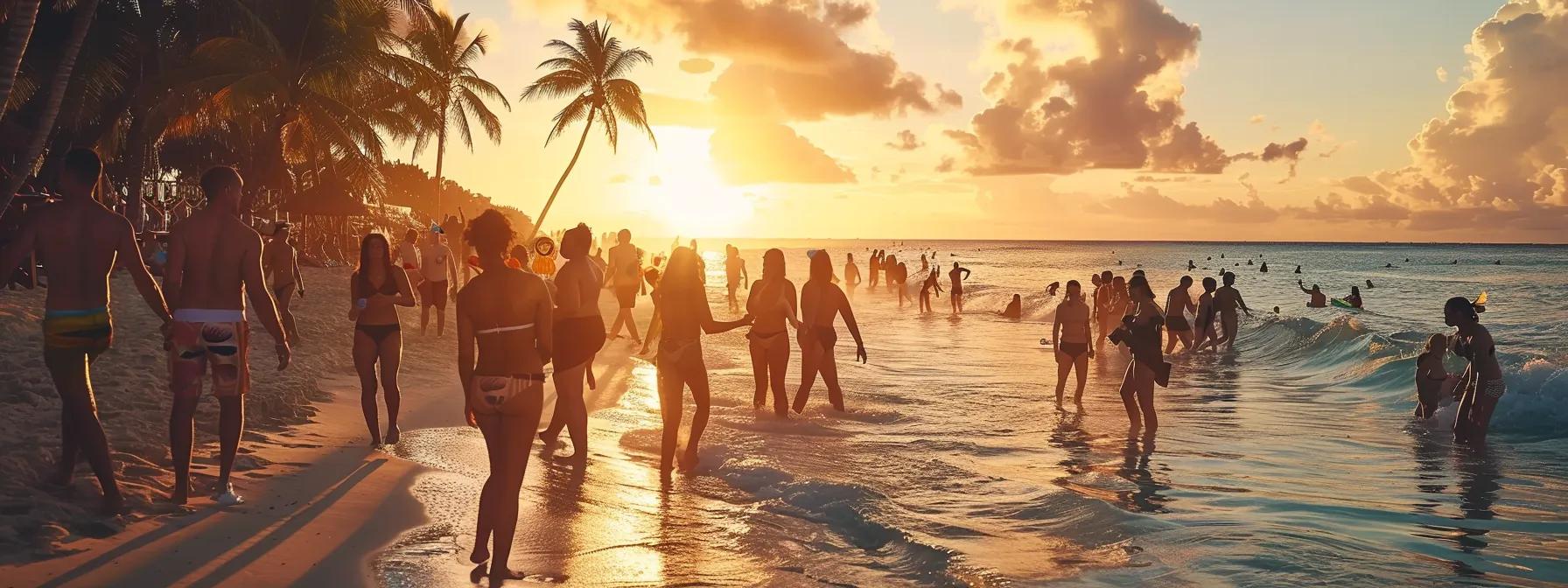 a vibrant beach scene captures a diverse group of singles joyfully mingling under a radiant sunset, surrounded by crystal-clear waters and swaying palm trees, embodying the spirit of adventure and connection.