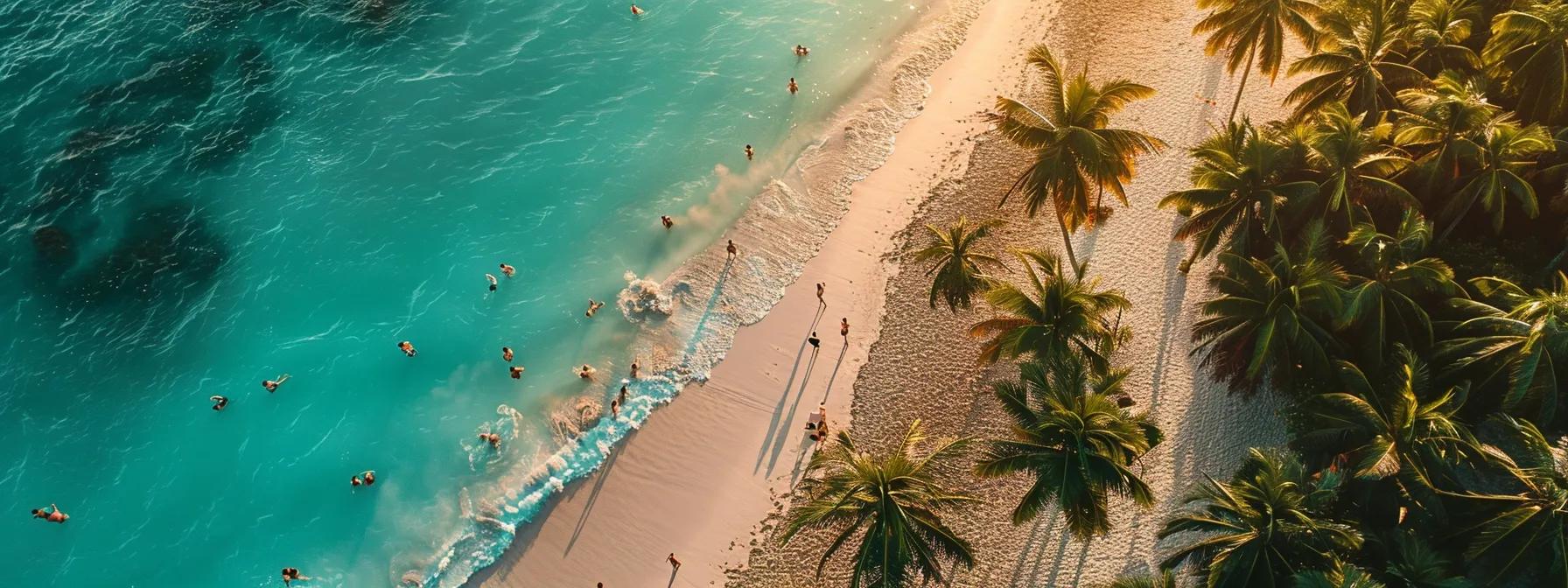 a vibrant beach scene captures sun-soaked travelers enjoying crystal-clear turquoise waters, framed by lush palm trees and a breathtaking sunset sky, evoking the perfect summer getaway.