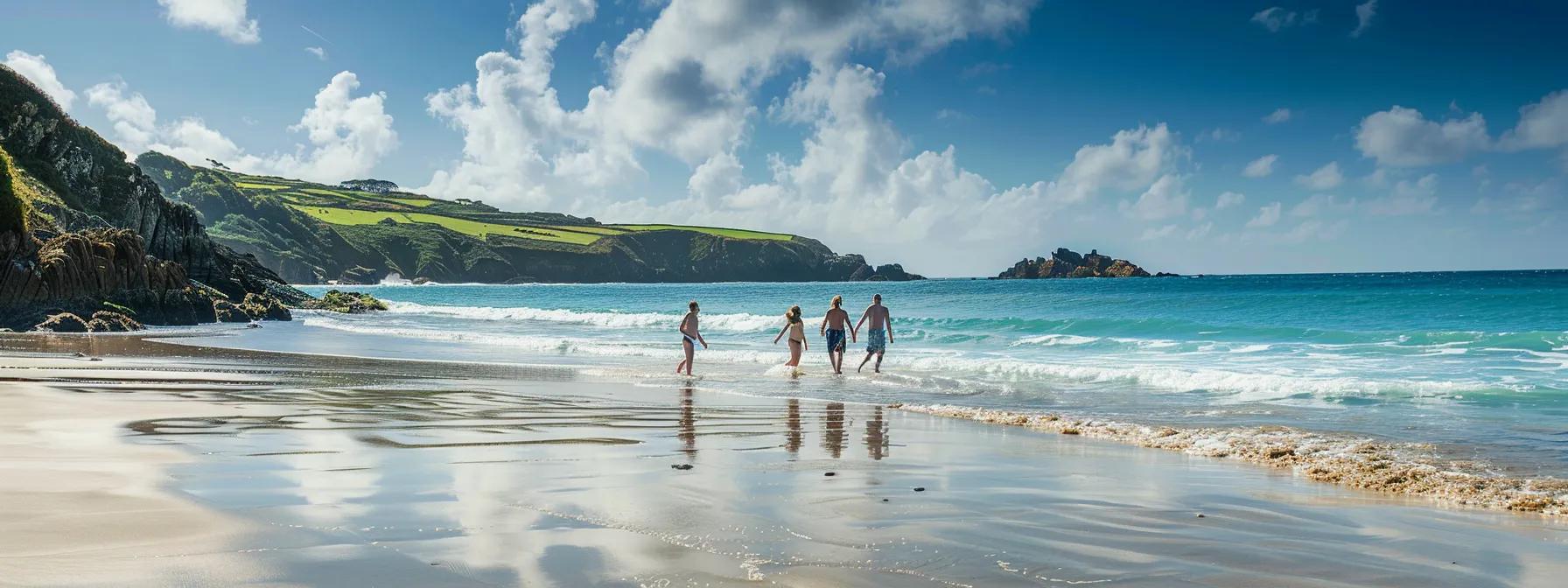 a vibrant family enjoying a sun-drenched beach, united by laughter and adventure as they explore the azure waves and golden sands of their international vacation.