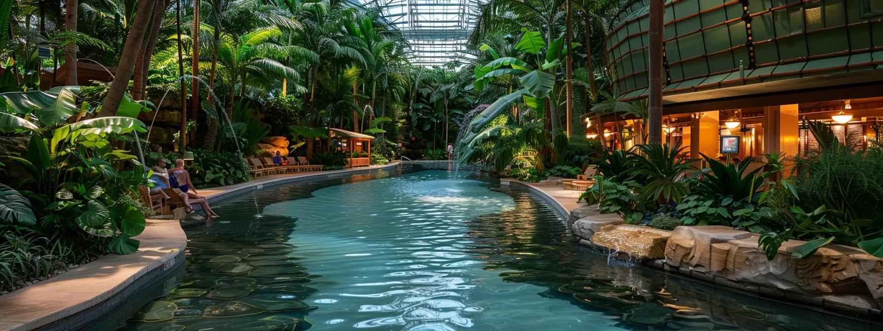 a vibrant indoor pool bathed in soft, natural light reflects the joyful ambiance of travelers laughing and splashing in the crystal-clear water, surrounded by lush greenery and elegant decor.