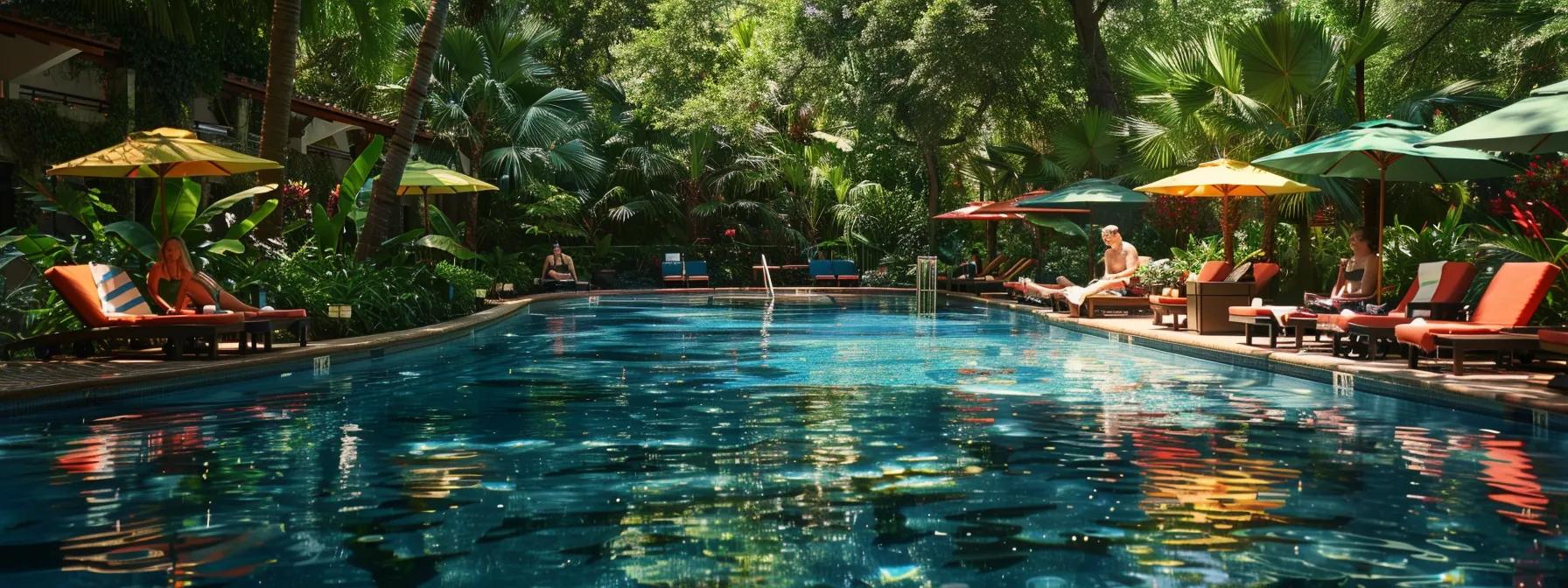a vibrant pool scene captures radiant sunbathers enjoying a serene oasis, reflecting crystal-clear water surrounded by lush greenery and colorful lounge chairs.