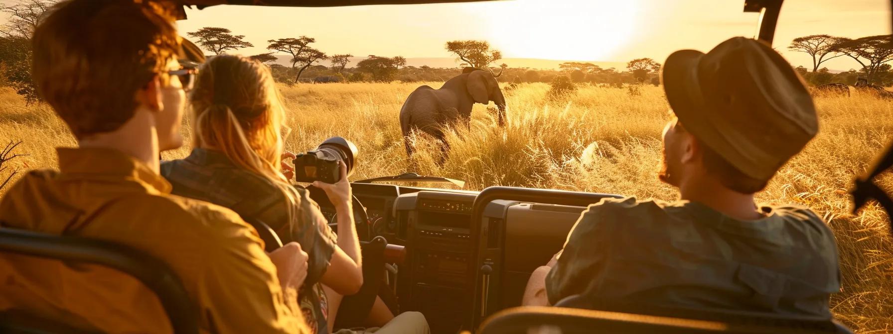 a vibrant scene of a sunlit tanzanian safari, showcasing a diverse group of travelers marveling at the majestic wildlife against a backdrop of golden savannah grasses and acacia trees.