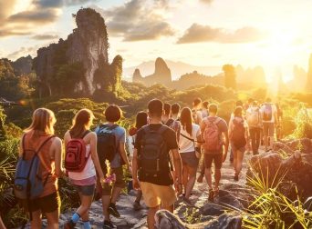 a vibrant scene of diverse travelers joyfully exploring an exotic destination, surrounded by lush landscapes and iconic landmarks under a bright, sunlit sky.