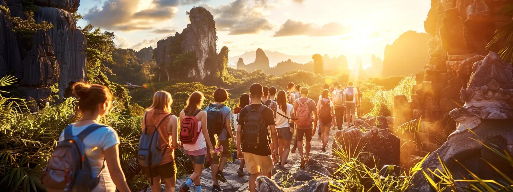 a vibrant scene of diverse travelers joyfully exploring an exotic destination, surrounded by lush landscapes and iconic landmarks under a bright, sunlit sky.