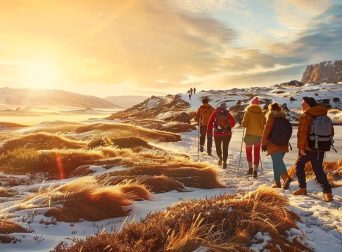 a vibrant, sunlit landscape showcases diverse travelers exploring a picturesque winter destination, highlighting the allure of january adventures in stunning natural surroundings.