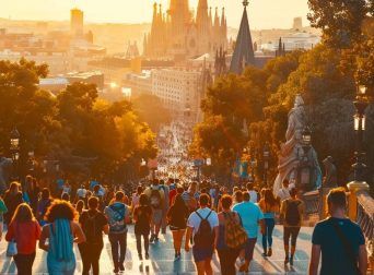 a vibrant, sunlit view of a group of travelers joyfully exploring the iconic landmarks of a bustling city, with stunning architecture rising majestically in the background.