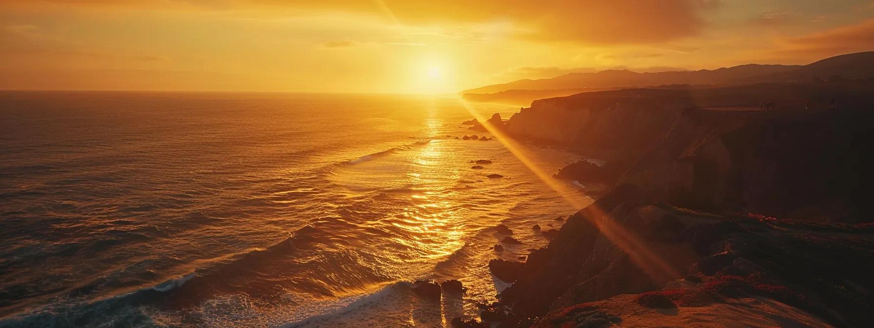 a vibrant sunset casts a golden glow over a breathtaking coastal landscape, where travelers joyfully explore the stunning cliffs and pristine beaches.